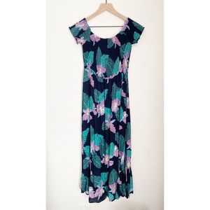 Lulus Navy Patsy Blue Tropical Floral Smocked Maxi Dress Off The Shoulder M